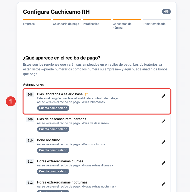 Lista de conceptos de nómina ya creados