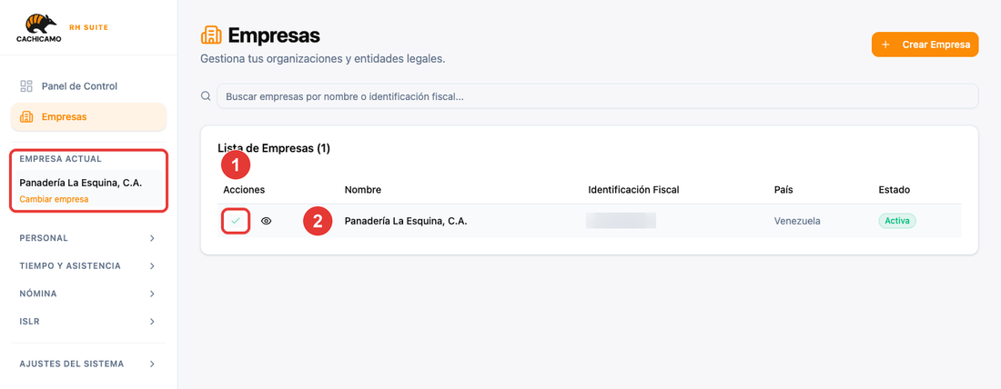 Empresa seleccionada como empresa actual