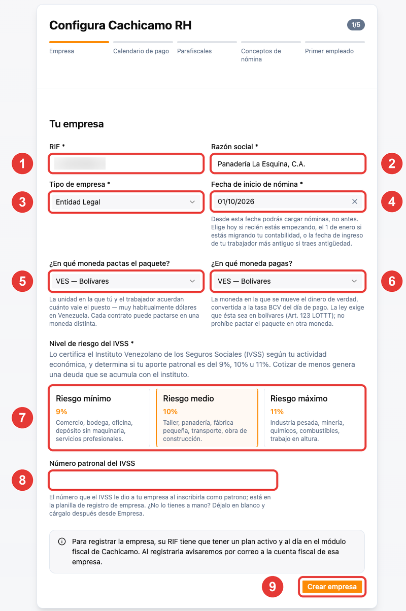 Primer paso del asistente: datos de la empresa