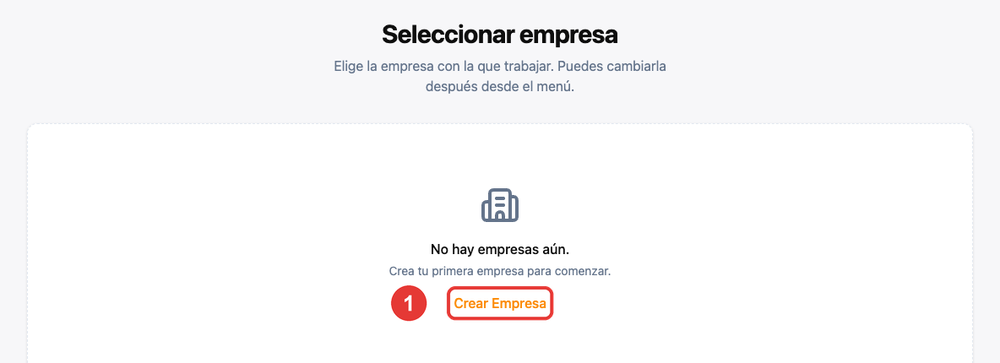 Pantalla Seleccionar empresa sin empresas