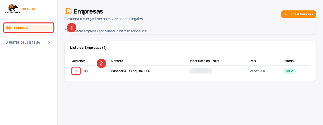 Lista de empresas con el botón de cambio
