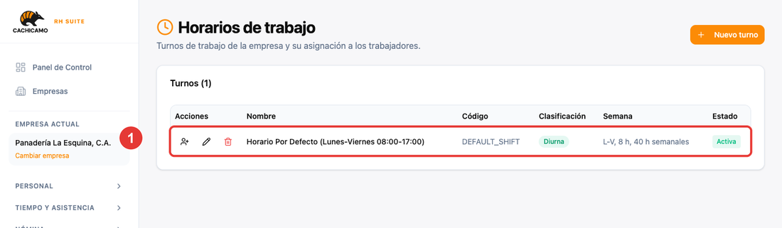 Horario por defecto de la empresa