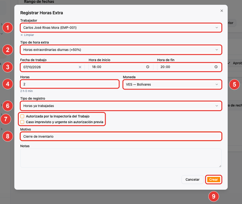 Formulario para registrar horas extra