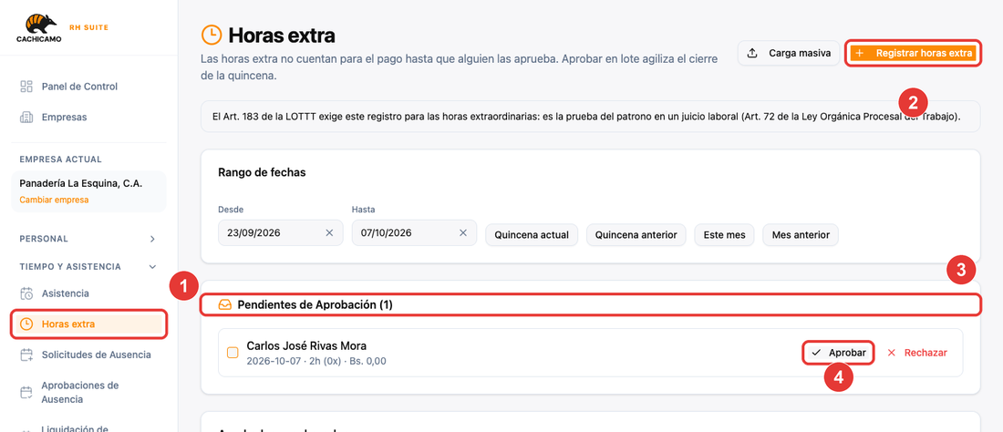 Pantalla de Horas extra con una hora pendiente de aprobación