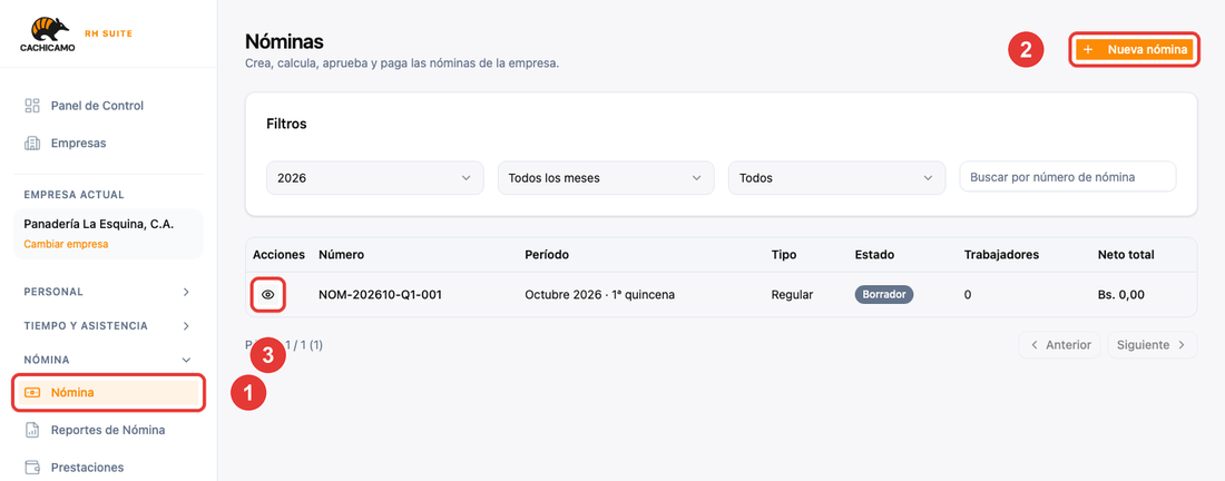 Lista de nóminas con el menú, el botón Nueva nómina y una nómina en borrador