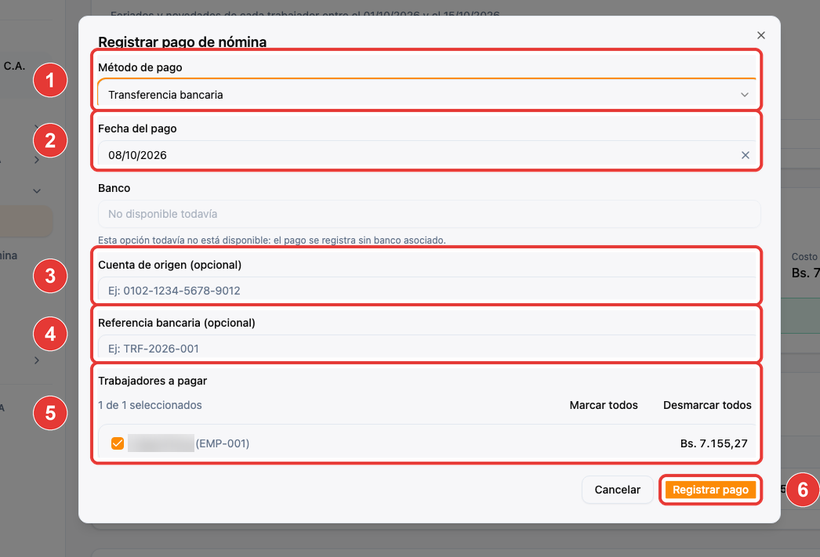 Formulario Registrar pago de nómina