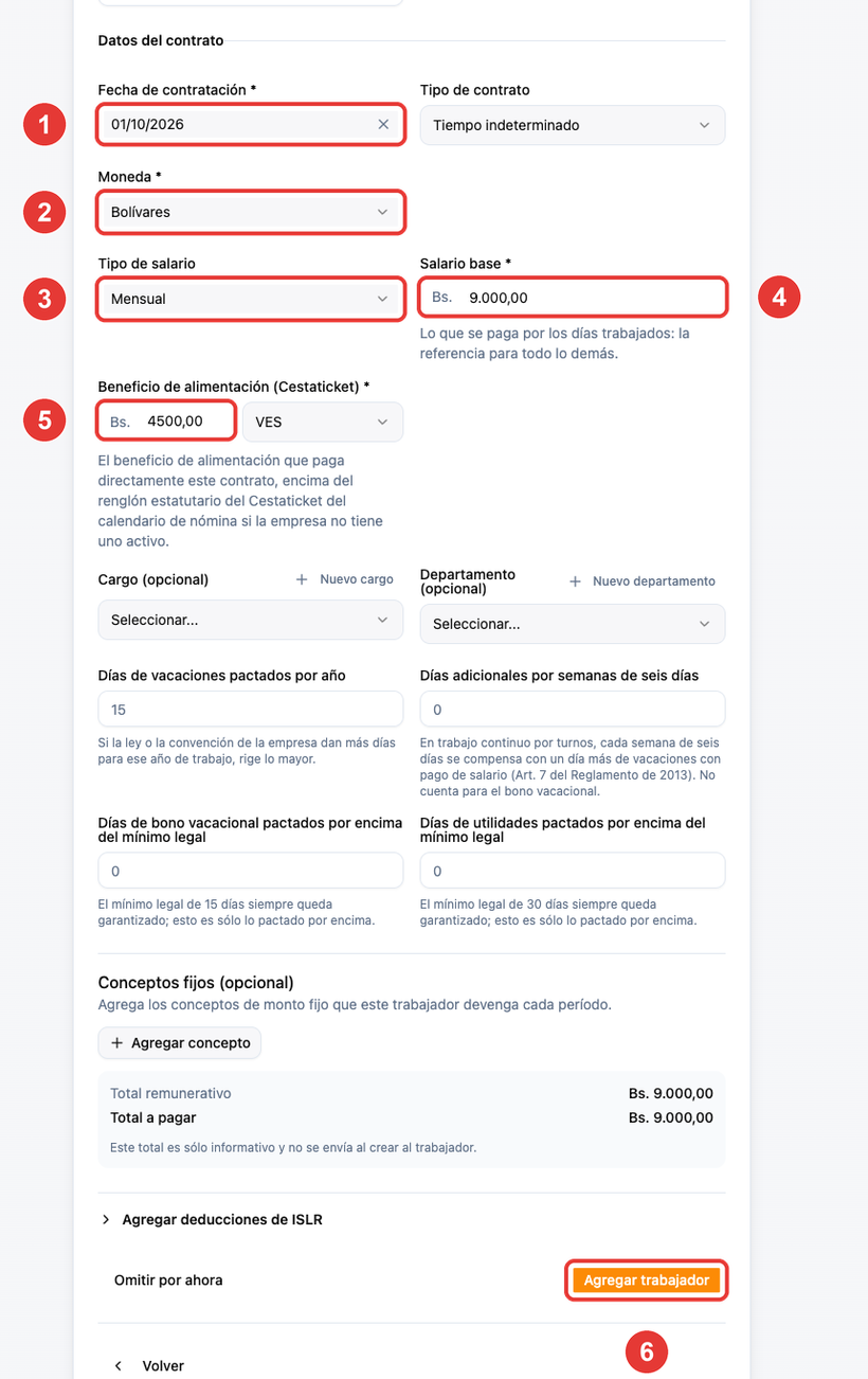 Datos del contrato y salario del trabajador
